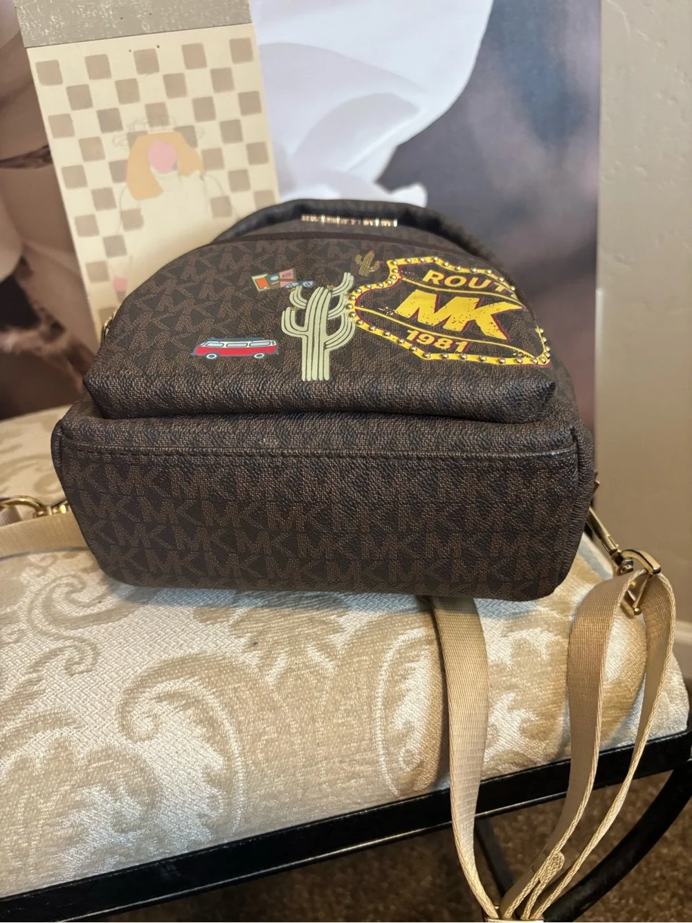 Michael Kors Brown Logo Print 'Route MK 1981' Mini Backpack